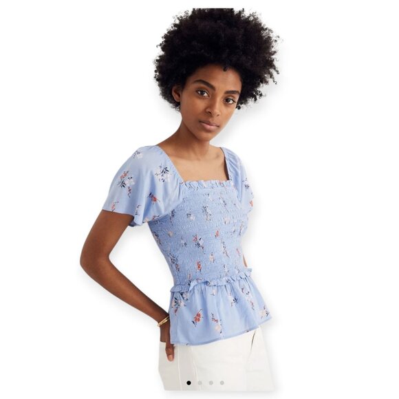 Madewell Romantic Aloha Floral Blue Smocked Flutter-Sleeve Top  size S - Picture 14 of 14